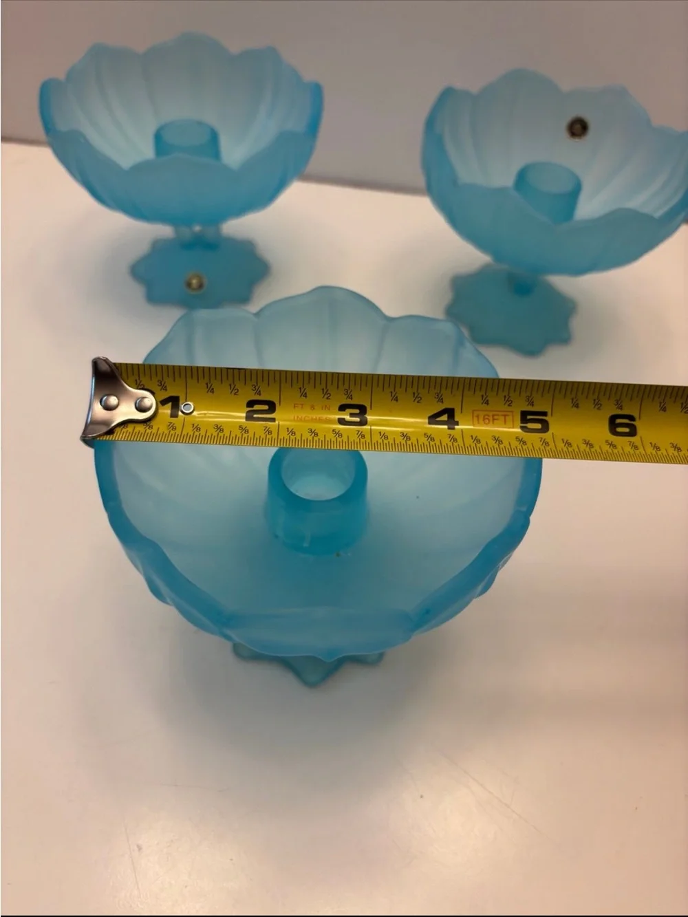 3 vintage Westmoreland glass blue frosted lotus pedestal candle holders